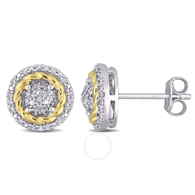 Amour 1/4 Ct Tw Diamond Rope Design Halo Stud Earrings In White And Yellow Plated Sterling Silver In Metallic