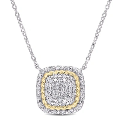 Amour 1/4 Ct Tw Diamond Rope Design Square Pendant With Chain In White And Yellow Plated Sterling Si In Metallic