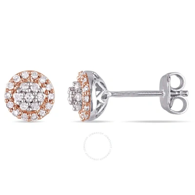 Amour 1/4 Ct Tw Diamond Vintage Halo Stud Earrings In 2-tone Rose And White Sterling Silver In Multi-color