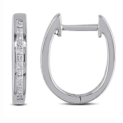 Amour 1/4 Ct Tw Princess Cut Channel Set Diamond Hoop Earrings In Sterling Silver In Silver / White