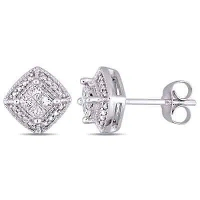 Pre-owned Amour 1/4 Ct Tw Princess Cut Diamond Cluster Stud Earrings In 10k White Gold