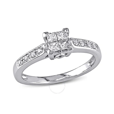 Amour 1/4 Ct Tw Princess Cut Quad And Round Diamond Engagement Ring In 10k White Gold In Gold / White