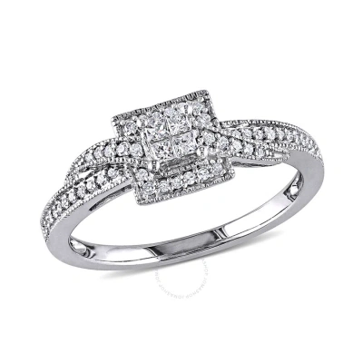 Amour 1/4 Ct Tw Princess Cut Quad And Round Diamond Halo Crossover Engagement Ring In 10k White Gold In Metallic