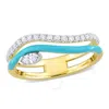 AMOUR AMOUR 1/4CT TDW MARQUISE AND ROUND-SHAPED DIAMONDS BLUE ENAMEL DOUBLE ROW WAVE RING IN 14K 2-TONE WH