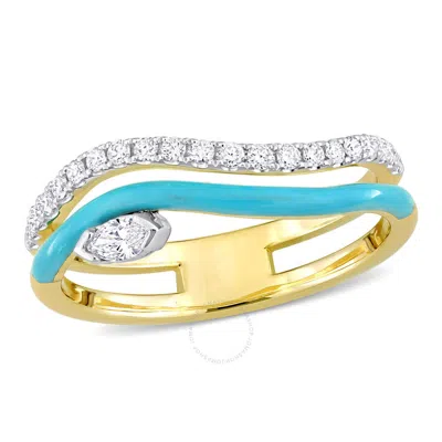 Amour 1/4ct Tdw Marquise And Round-shaped Diamonds Blue Enamel Double Row Wave Ring In 14k 2-tone Wh In White