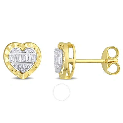 Amour 1/4ct Tdw Parallel Baguette And Round-shaped Diamonds Heart Halo Stud Earrings In 14k 2-tone W In Gold