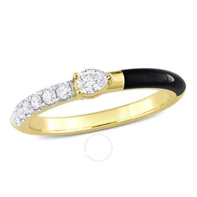 Amour 1/4ct Tdw Pear And Round-shaped Diamonds Black Enamel Ring In 14k Yellow Gold