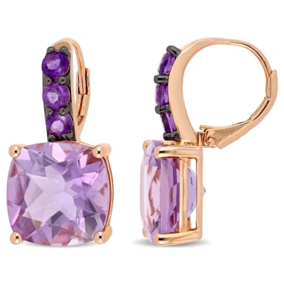 Amour 15 1/2 Ct Tgw Rose De France And Amethyst Leverback Earrings In Rose Plated Sterling Silver In Metallic