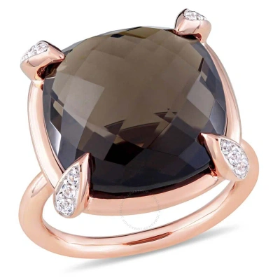Amour 15 1/8 Ct Tgw Checkerboard-cut Smokey Quartz And White Sapphire Cocktail Ring In 14k Rose Gold In Black