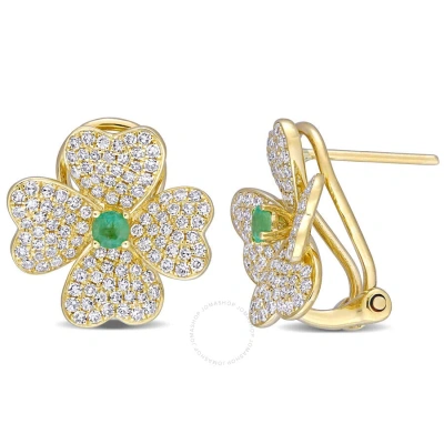 Amour 1/5 Ct Tgw Emerald And 1 Ct Tw Diamond Heart Clover Earrings In 14k White Gold In Yellow