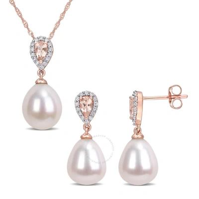 Amour 1/5 Ct Tw Diamond And 3/4 Ct Tgw Morganite With 9-9.5 Mm White Freshwater Cultured Pearl Drop In Pink