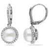 AMOUR AMOUR 1/5 CT TW DIAMOND AND 8 MM WHITE CULTURED FRESHWATER PEARL LEVERBACK HALO EARRINGS IN STERLING