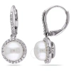 Amour 1/5 Ct Tw Diamond And 8 Mm White Cultured Freshwater Pearl Leverback Halo Earrings In Sterling In White