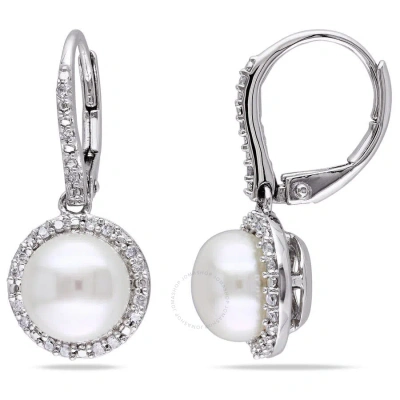 Amour 1/5 Ct Tw Diamond And 8 Mm White Cultured Freshwater Pearl Leverback Halo Earrings In Sterling