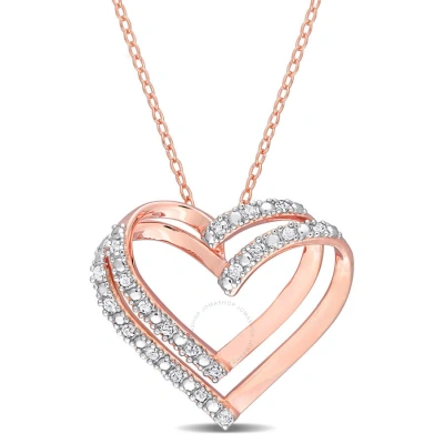 Amour 1/5 Ct Tw Diamond Open Heart Pendant With Chain In Rose Plated Sterling Silver In Pink