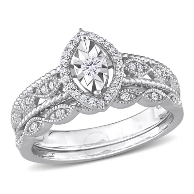 Amour 1/5 Ct Tw Diamond Oval Halo Bridal Ring Set In Sterling Silver In Metallic