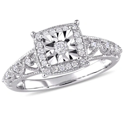 Amour 1/5 Ct Tw Diamond Square Halo Vintage Promise Ring In Sterling Silver In Neutral
