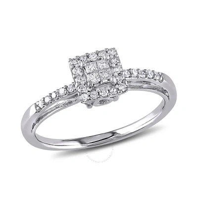 Amour 1/5 Ct Tw Princess Cut Quad And Round Diamond Halo Engagement Ring In 10k White Gold In Metallic