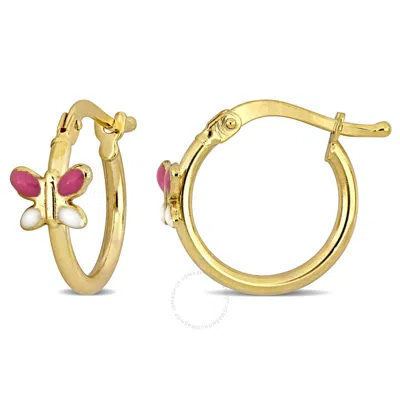 Amour 15mm Pink And White Enamel Butterfly Hoop Earrings In 14k Yellow Gold