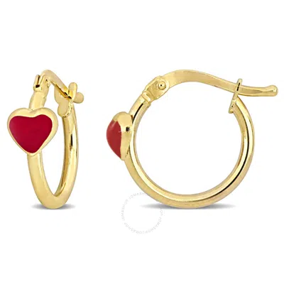 Amour 15mm Red Enamel Heart Hoop Earrings In 14k Yellow Gold