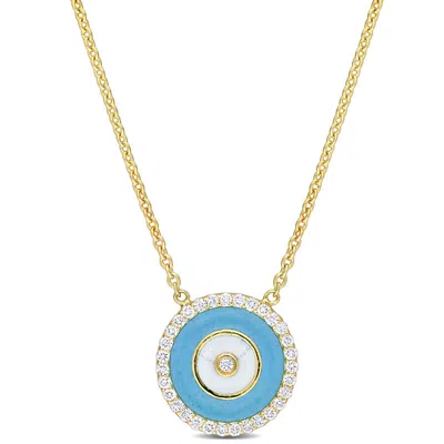 Amour 1/6ct Tdw Diamond Blue Enamel Halo Necklace In 14k Yellow Gold - 17 In.