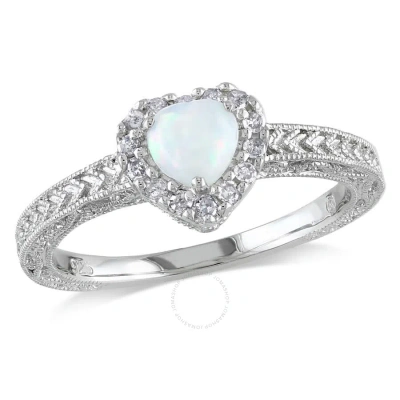 Amour 1/7 Ct Tw Diamond And Opal Heart Halo Ring In Sterling Silver In Metallic