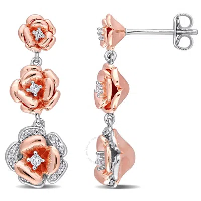 Amour 1/8 Ct Tgw Created White Sapphire And 1/10 Ct Tw Diamond Graduated Rose Earrings In Rose Plate In Gold