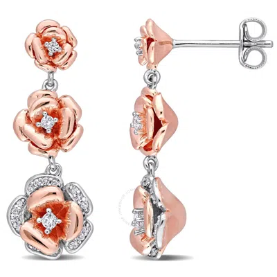 Amour 1/8 Ct Tgw Created White Sapphire And 1/10 Ct Tw Diamond Graduated Rose Earrings In Rose Plate In Two Tone