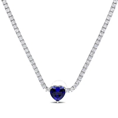 Amour 18 Ct Tgw Heart Shaped Created Sapphire And Created White Sapphire Tennis Necklace In Sterling In Metallic