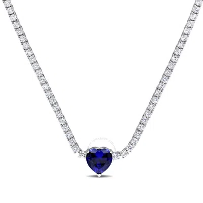 Mimi & Max 18 Ct Tgw Heart Shaped Created Blue Sapphire And Created White Sapphire Tennis Necklace In Sterling 