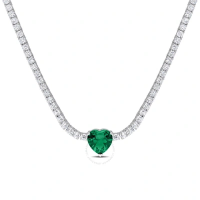 Amour 18 Ct Tgw Heart Shaped Green Cubic Zirconia And Created White Sapphire Tennis Necklace In Ster