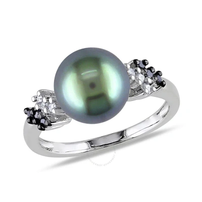 Amour 1/8 Ct Tw Black And White Diamond And 9 - 9.5 Mm Black Tahitian Pearl Ring In 10k White Gold W In Metallic