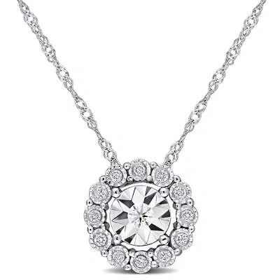 Pre-owned Amour 1/8 Ct Tw Diamond Cluster Circular Pendant With Chain In 10k White Gold