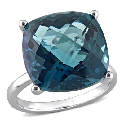 Amour 19 1/4 Ct Tgw Cushion Checkerboard London Blue Topaz Cocktail Ring In 14k White Gold In Green