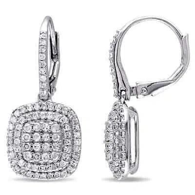 Pre-owned Amour 1ct Tdw Diamond Grid Double Halo Leverback Earrings In Sterling Silver In Check Description
