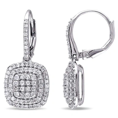 Amour 1ct Tdw Diamond Grid Double Halo Leverback Earrings In Sterling Silver In Silver / White