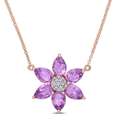 Amour 2 1/10 Ct Tgw Amethyst And 1/10 Ct Tw Diamond Floral Pendant With Chain In 10k Rose Gold In Pink