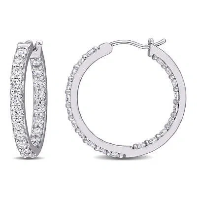 Pre-owned Amour 2 1/2 Ct Dew Created Moissanite Beaded Hoop Earrings In 10k White Gold