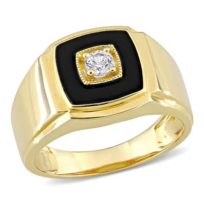 Amour 2 1/2 Ct Tgw Black Onyx And Created White Sapphire Square Men's Ring In Yellow Plated Sterling In ["yellow"]