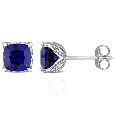 Amour 2 1/2 Ct Tgw Created Blue Sapphire And Diamond Accent Stud Earrings In 10k White Gold