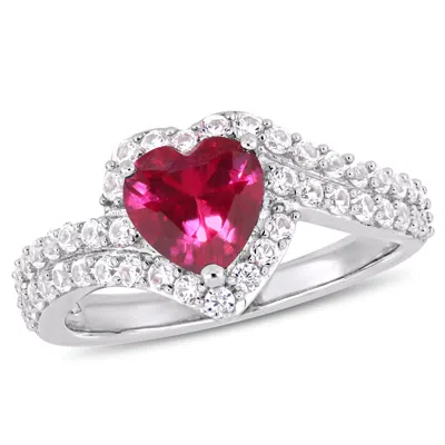 Amour 2 1/2 Ct Tgw Created White Sapphire And Created Ruby Heart Halo Engagement Ring In Sterling Si In ["white"]