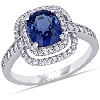 Amour 2 1/2 Ct Tgw Cushion Cut Sapphire And 1/2 Ct Tw Diamond Double Halo Cocktail Ring In 14k White In Metallic