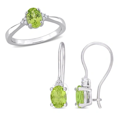 Amour 2 1/2 Ct Tgw Oval Peridot And Diamond Accent Ring And Euro Back Earrings Set In Sterling Silve In Green