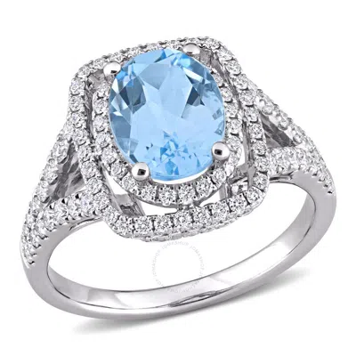 Amour 2 1/2 Ct Tgw Sky-blue Topaz And 4/5 Ct Tw Diamond Halo Engagement Ring In 14k White Gold In Metallic