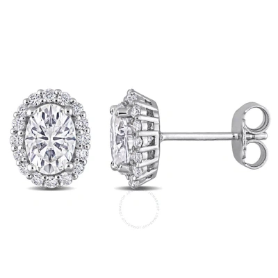 Amour 2 1/3 Ct Dew Created Moissanite Oval Halo Stud Earrings In Sterling Silver In White