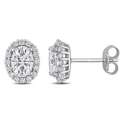 Pre-owned Amour 2 1/3 Ct Dew Created Moissanite Oval Halo Stud Earrings In Sterling Silver In White
