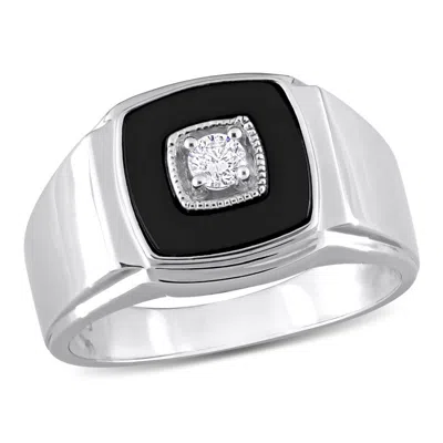 Amour 2 1/3 Ct Tgw Square Black Onyx And 1/6 Ct Tw Diamond Men's Ring In Sterling Silver In ["white"]