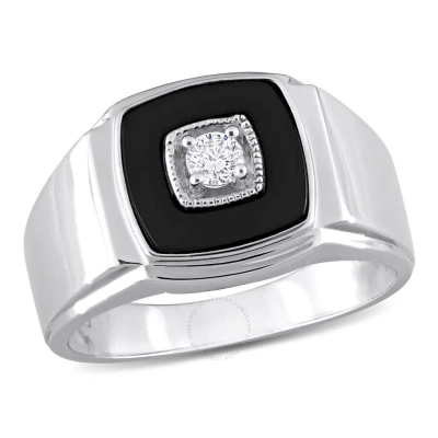 Amour 2 1/3 Ct Tgw Square Black Onyx And 1/6 Ct Tw Diamond Men's Ring In Sterling Silver In White