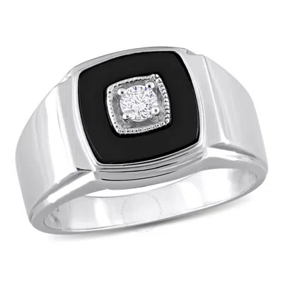 Amour 2 1/3 Ct Tgw Square Black Onyx And 1/6 Ct Tw Diamond Men's Ring In Sterling Silver In White