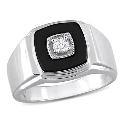 Pre-owned Amour 2 1/3 Ct Tgw Square Black Onyx And 1/6 Ct Tw Diamond Men's Ring In In White
